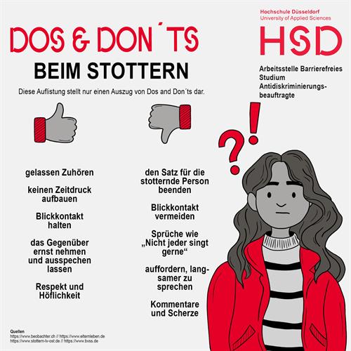 It's shown a Do's & Don't list on the subject of stuttering, created by the HSD's anti-discrimination officer and the HSD's Accessible Studies Office. At the right of the picture is an illustration of a person reading as a female.